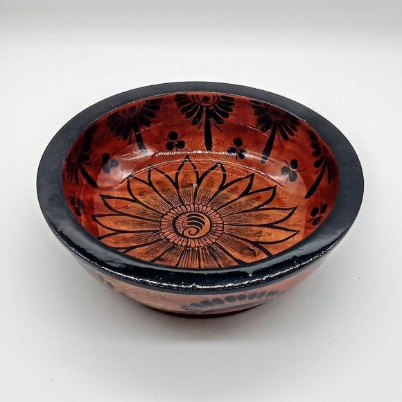 Handmade Augustin C. Ries Black Brown Folk Art Lacquer Wood Bowl - Picture 1 of 5